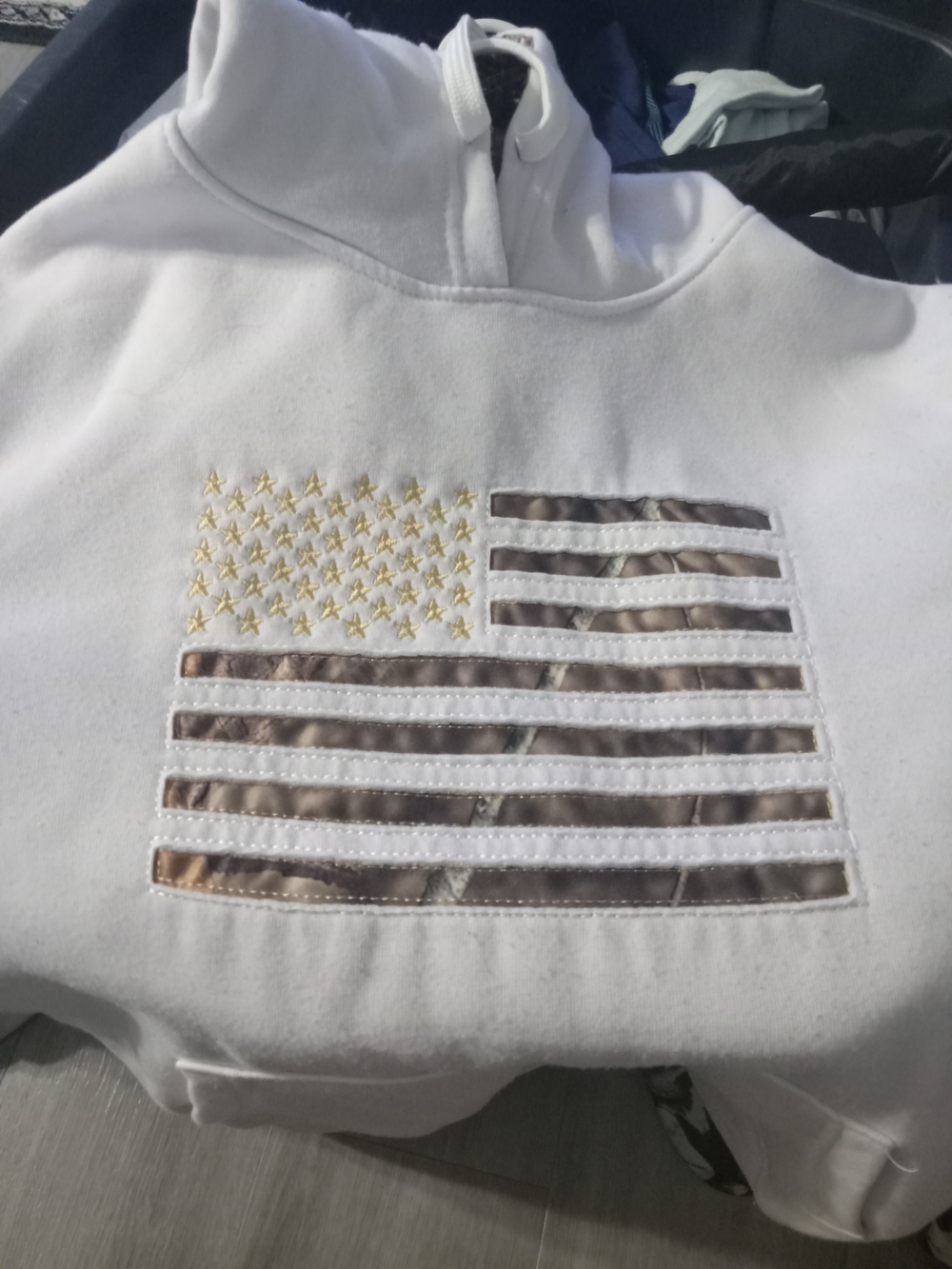 Kids White Pullover Hoodie with Metallic Gold Stars and Bronze Flag Stripes